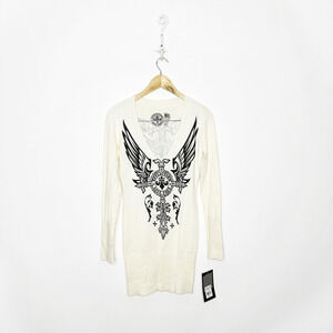 AFFLICTION V Neck Sweater Dress cream rhinestone y2k stretch womens XS NWT